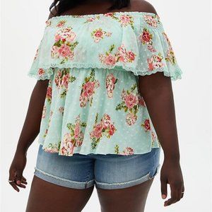 Torrid Green Women's Size 1XL Top Blouse Floral Off The Shoulder Smocked Ruffle
